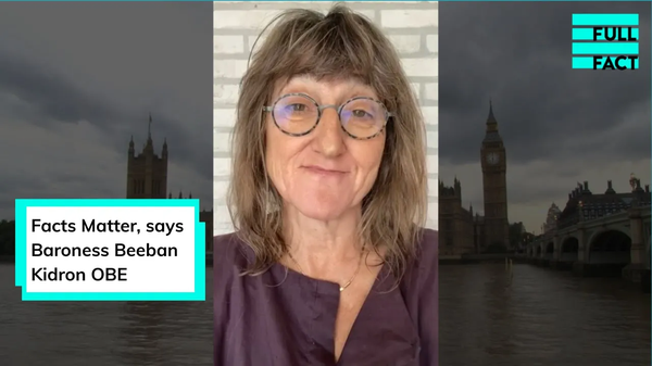 A thumbnail of a YouTube video showing Baroness Beeban Kidron endorsing the campaign #FactsMatter
